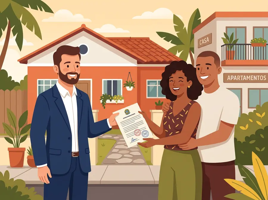Especialista entregando a escritura regularizada para uma família em frente ao imóvel